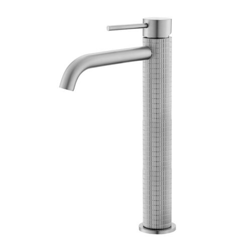 Tall monobloc washbasin mixer tap with knurling body - brushed nickel