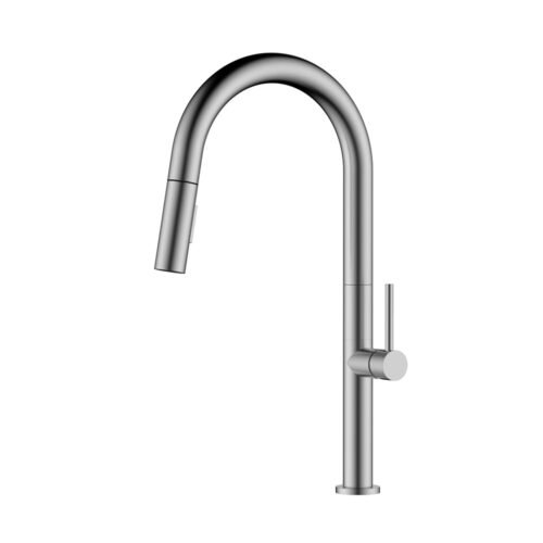 Stainless steel pull down kitchen sink mixer with slim body - brushed steel