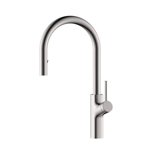 Swan neck monobloc kitchen tap with concealed pull down sprayer - brushed nickel