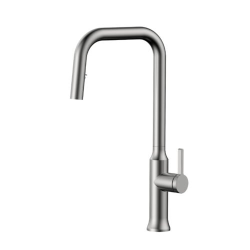Stainless steel single lever kitchen tap with U-shaped concealed pull down sprayer - brushed nickel