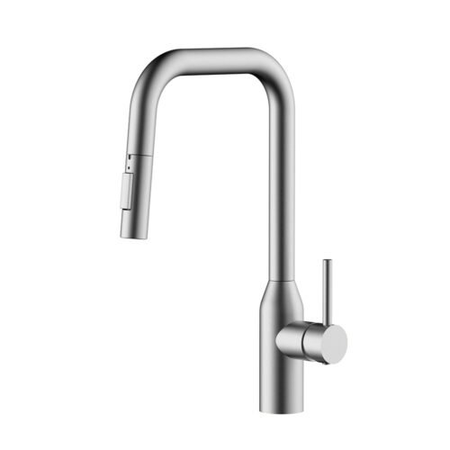 Stainless steel kitchen sink mixer tap with U-shaped spout and pull down sprayer - brushed steel